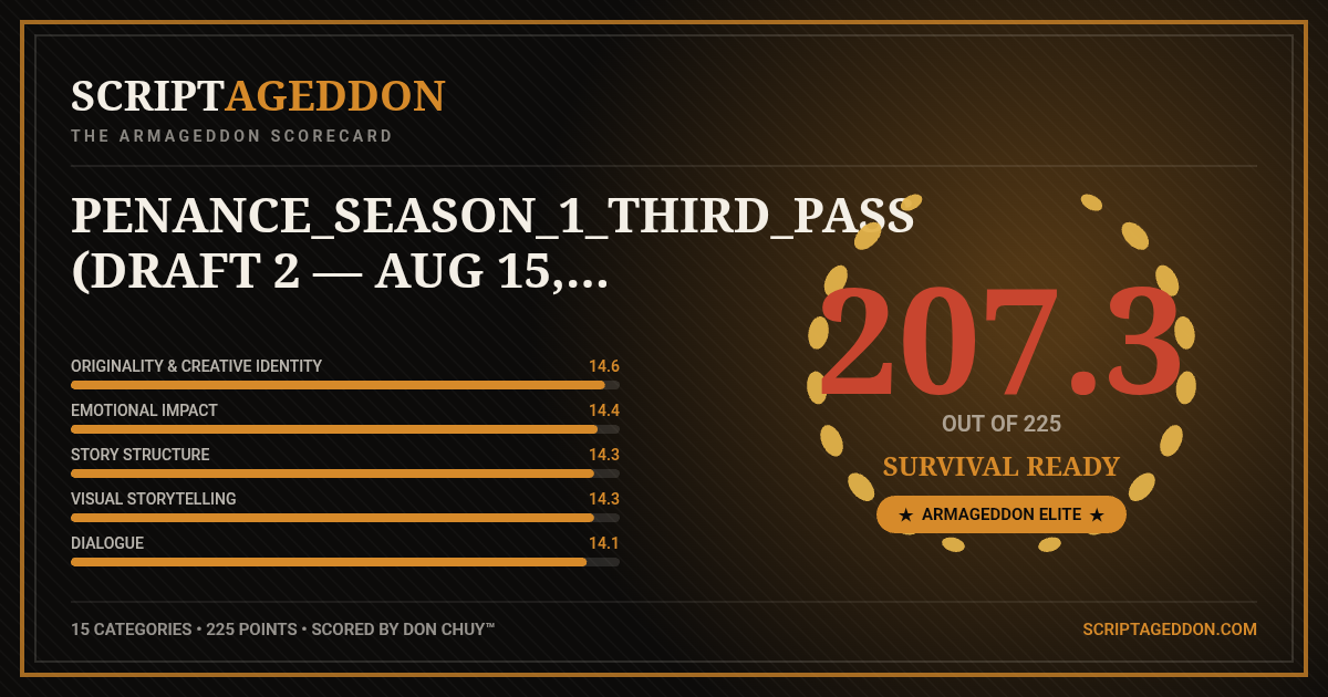 Armageddon Scorecard for PENANCE_Season_1_Third_Pass (Draft 2 — Aug 15, 2026): 207.3 out of 225