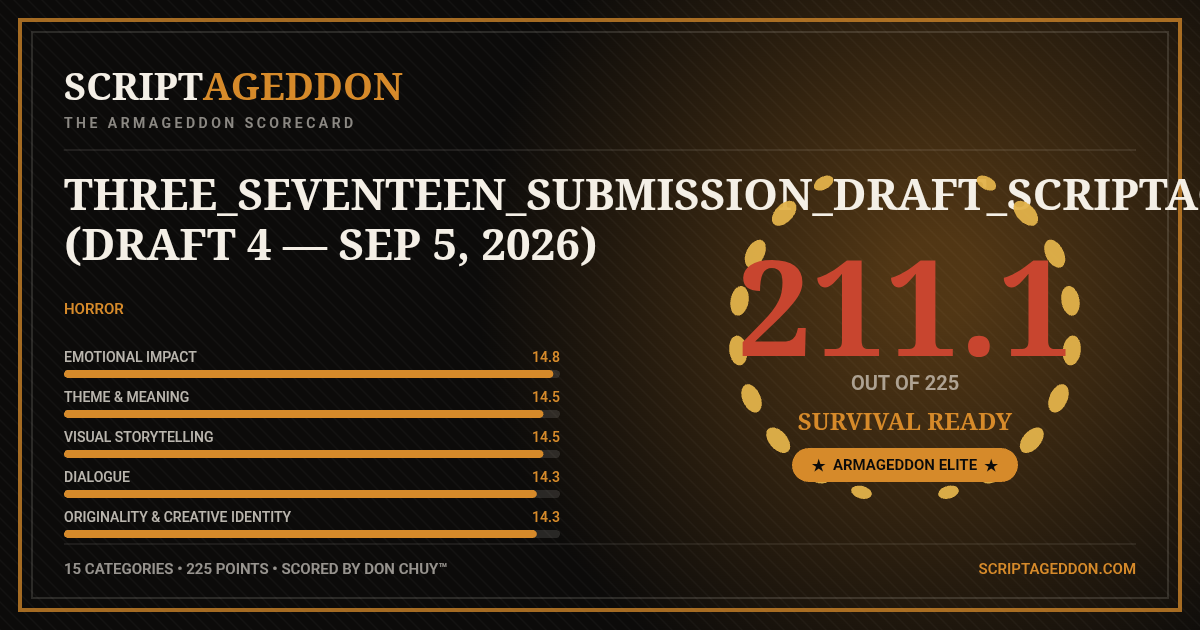Armageddon Scorecard for THREE_SEVENTEEN_SUBMISSION_DRAFT_SCRIPTAGEDDON_FIXES_ONLY (Draft 4 — Sep 5, 2026): 211.1 out of 225