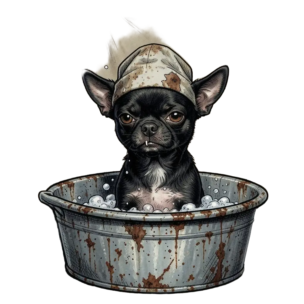 Don Chuy in a shower cap, in the bathtub, entirely unimpressed