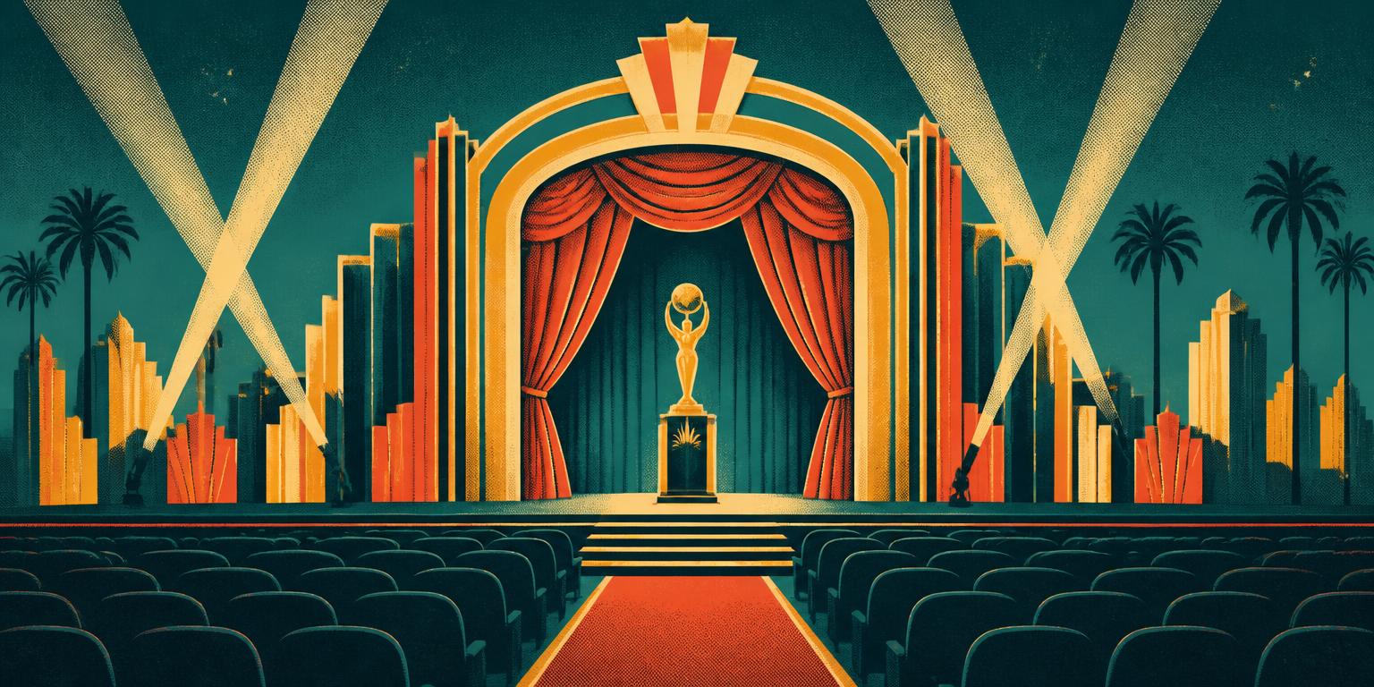 An illustrated art-deco awards hall at night with a trophy alone on the stage