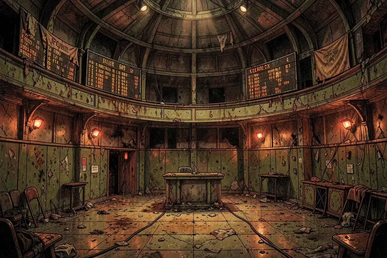 A ruined wasteland awards hall with a salvaged trophy under amber lights
