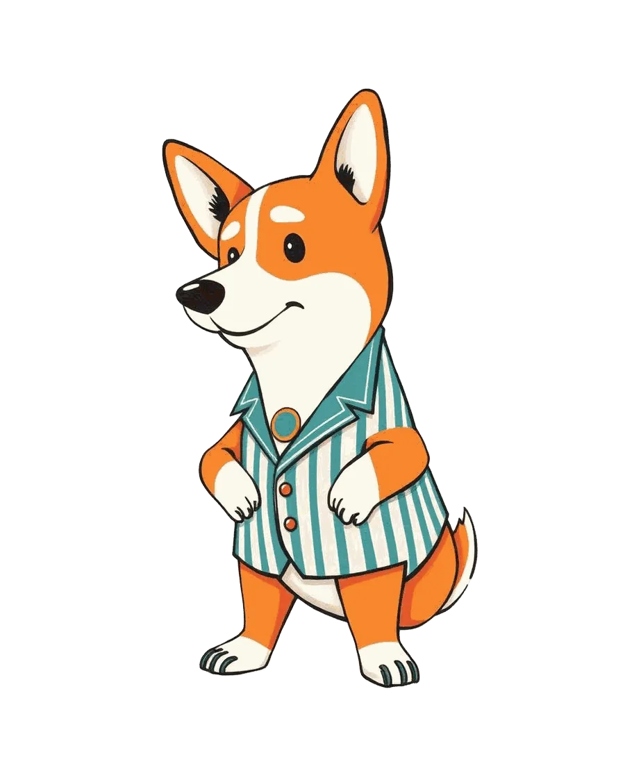 Don Bandito, a tricolor corgi in a pinstripe suit with an executive badge