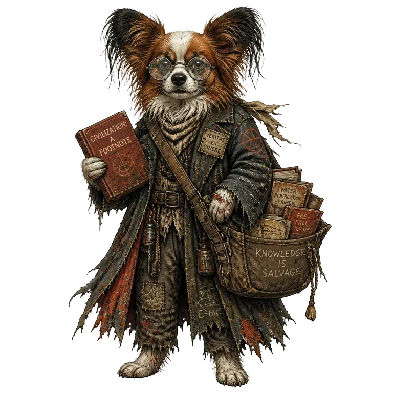 Don Paco, a papillon professor carrying salvaged books through the wasteland
