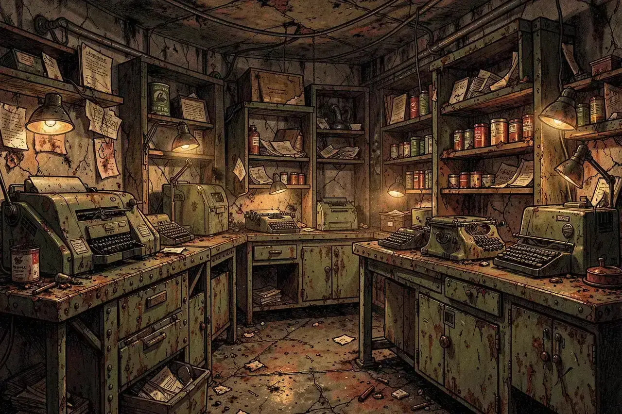 A scorched outpost supply depot with a printer, paper, bound script and writing tools