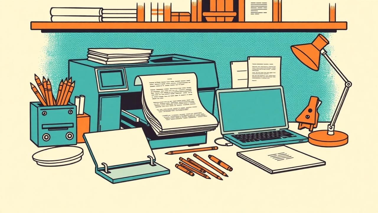 An illustrated supply bench with a laser printer, a ream of paper, a bound script, a hole punch and pencils