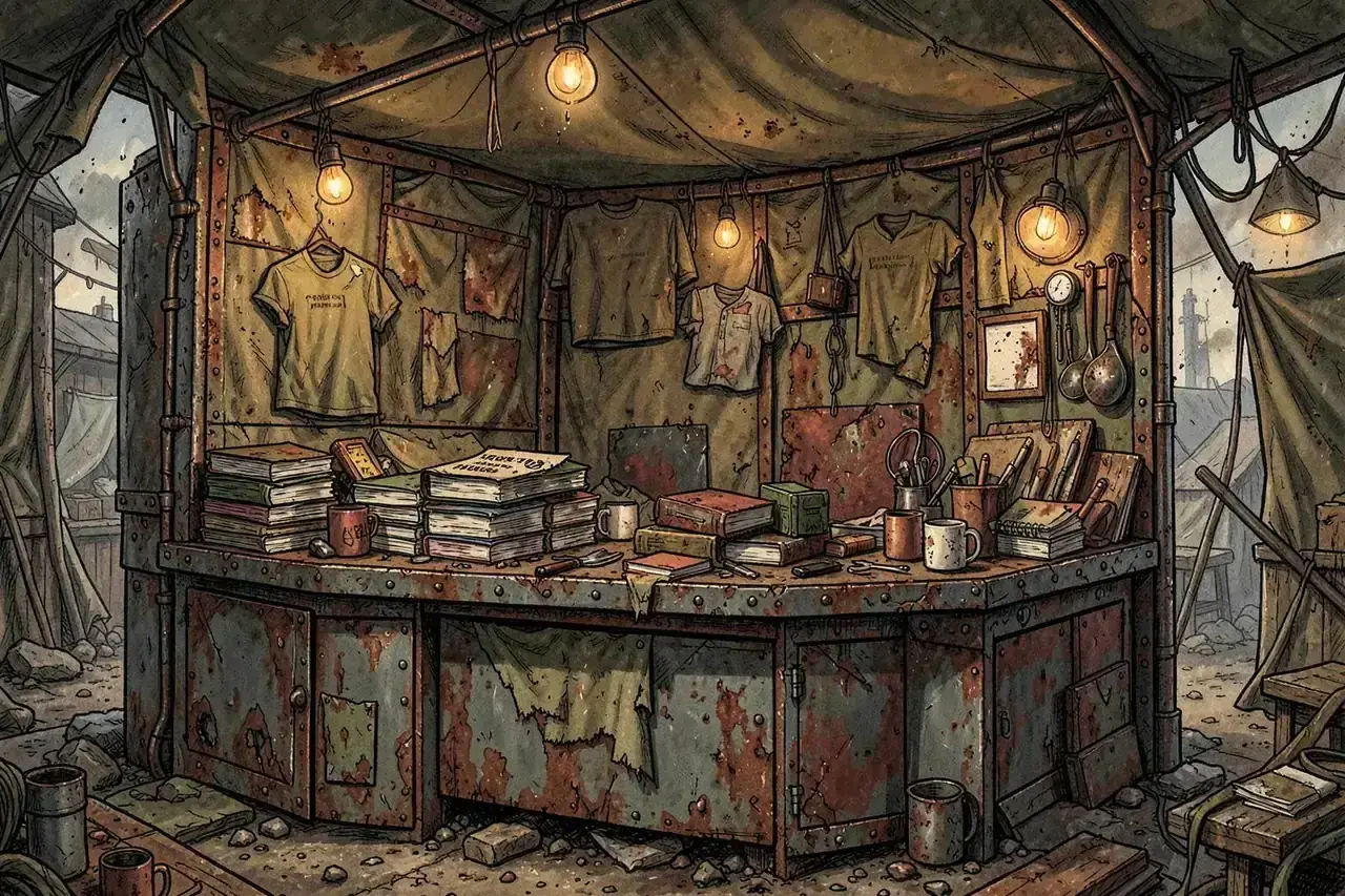 A weathered wasteland market stall with folded shirts, pins, mugs and rolled posters