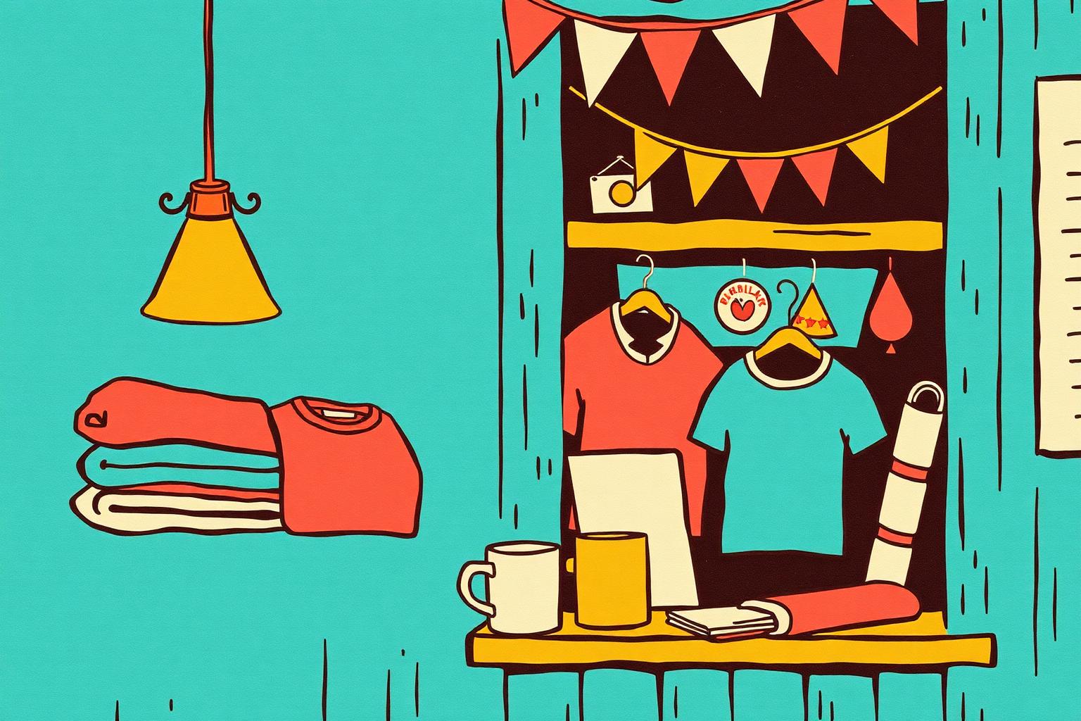 An illustrated merchandise stall with folded tees, pins, mugs and rolled posters