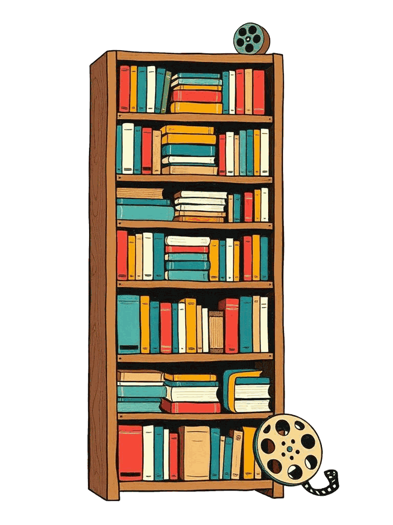 A bookshelf full of craft books and a film reel