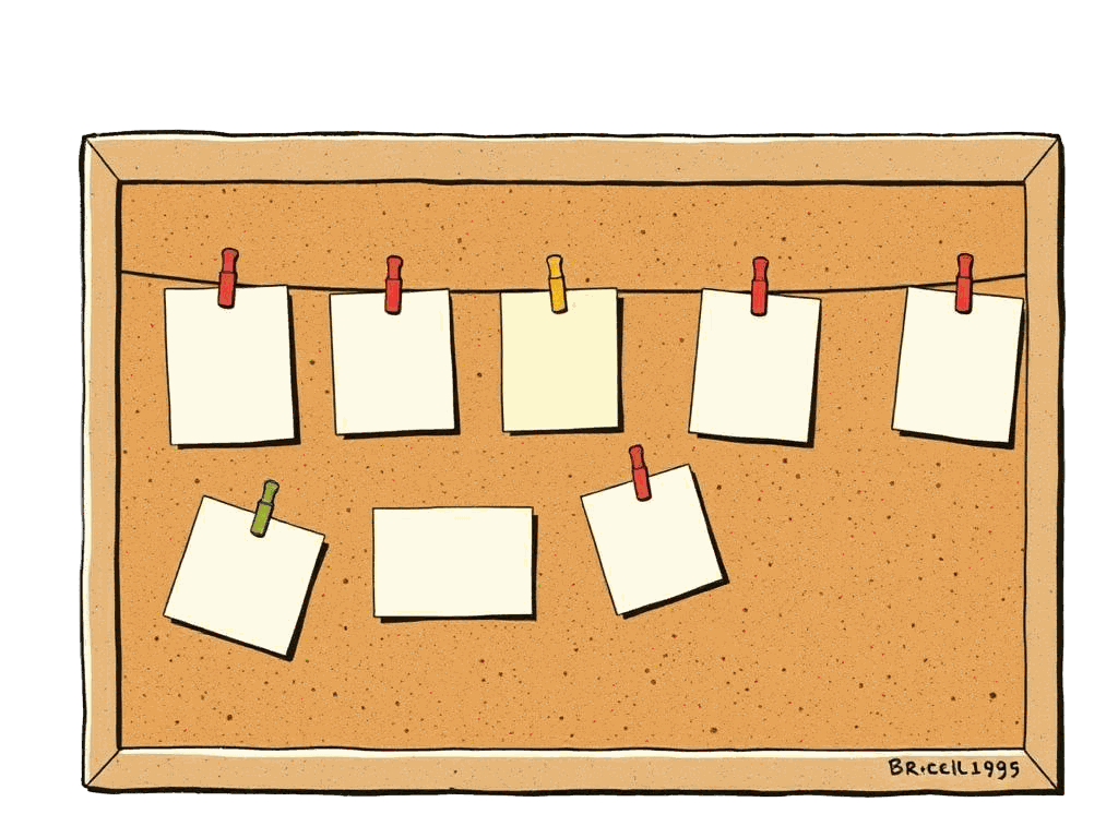 A corkboard pinned with paper notes