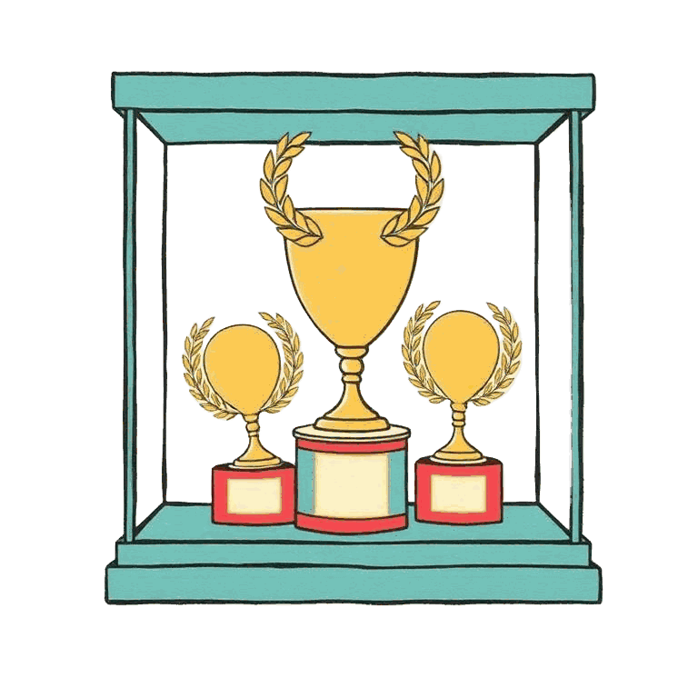 A trophy case of gold and silver laurels