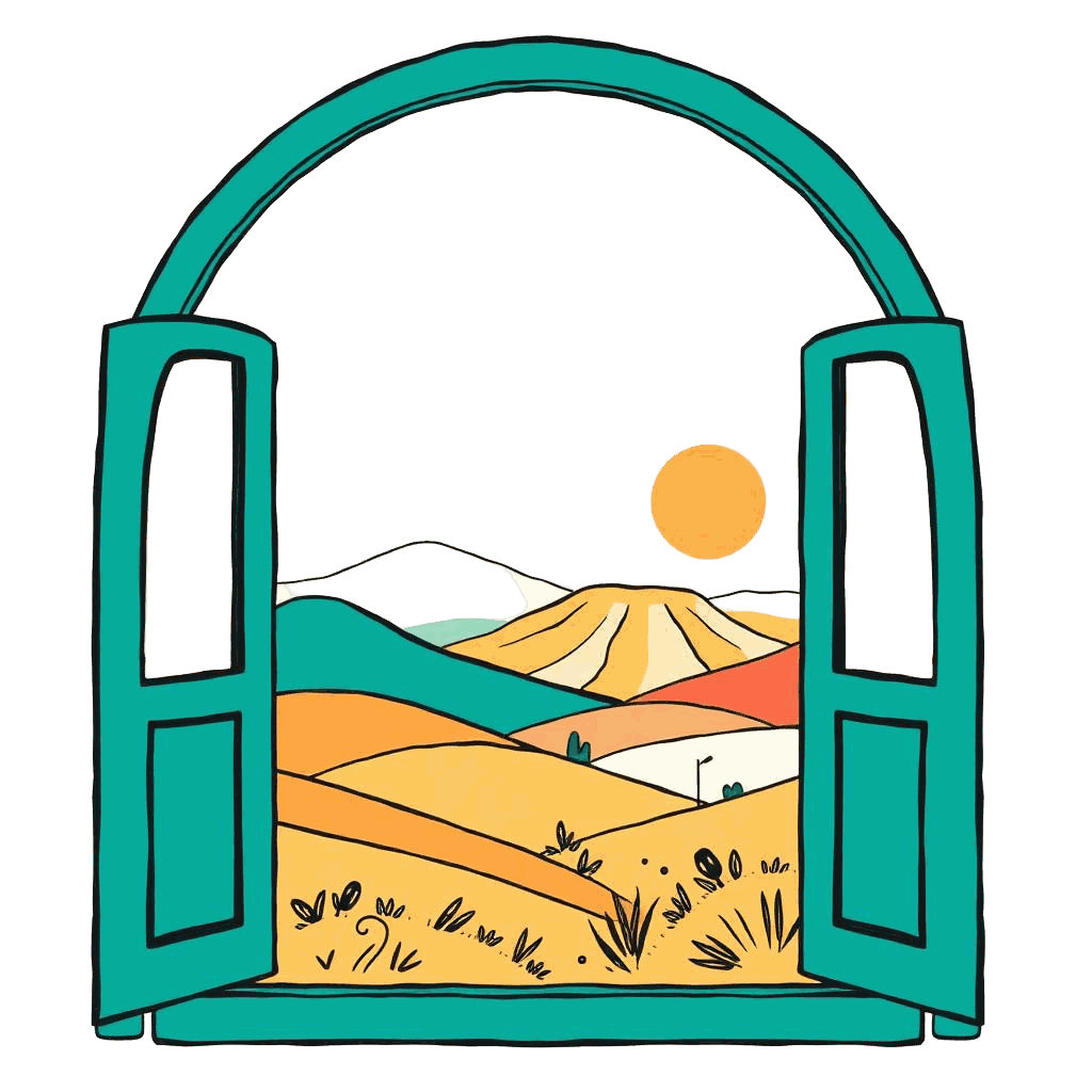 An arched window looking out on the hills