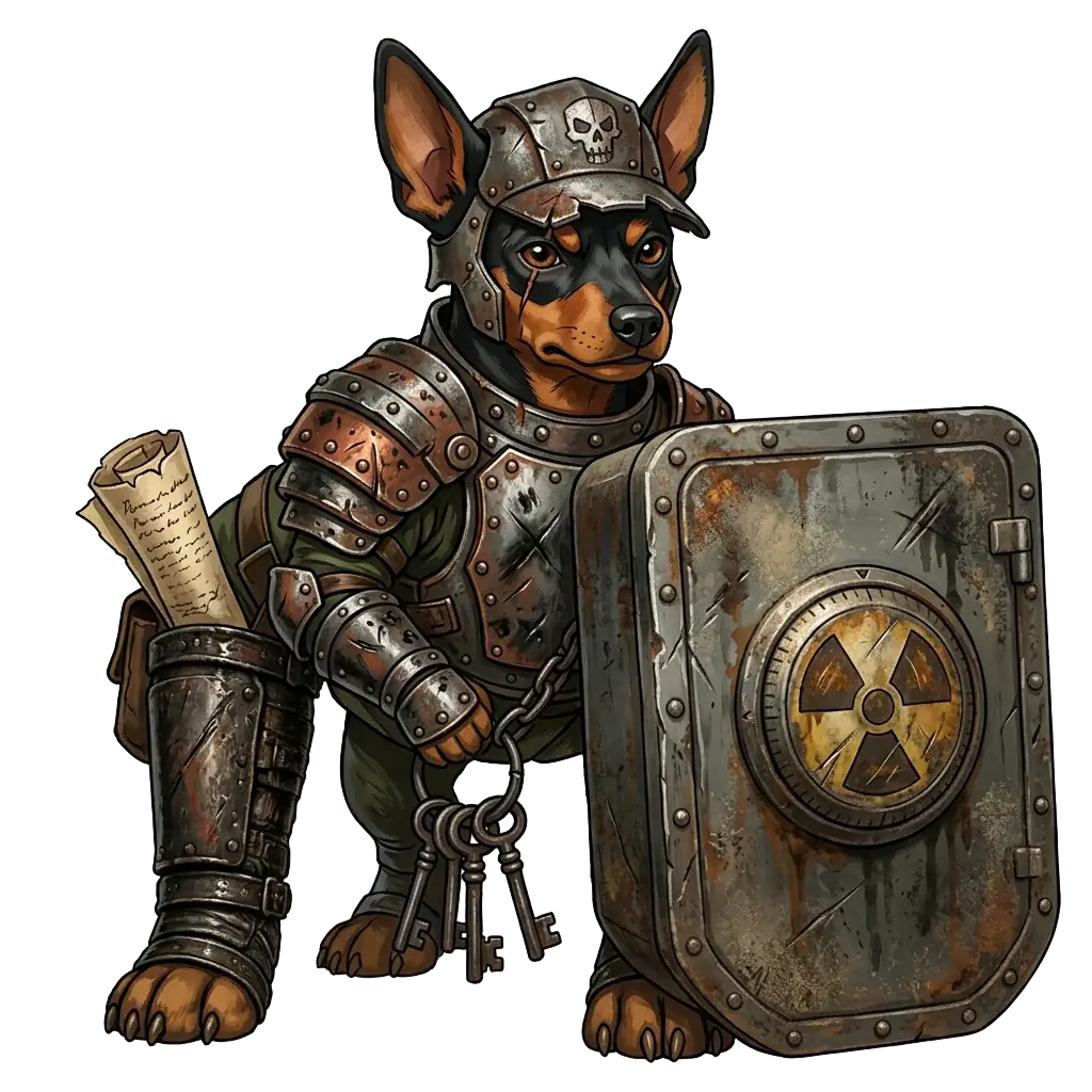 Don Rowdy, a miniature pinscher guard in bolted scrap armour at the outpost vault