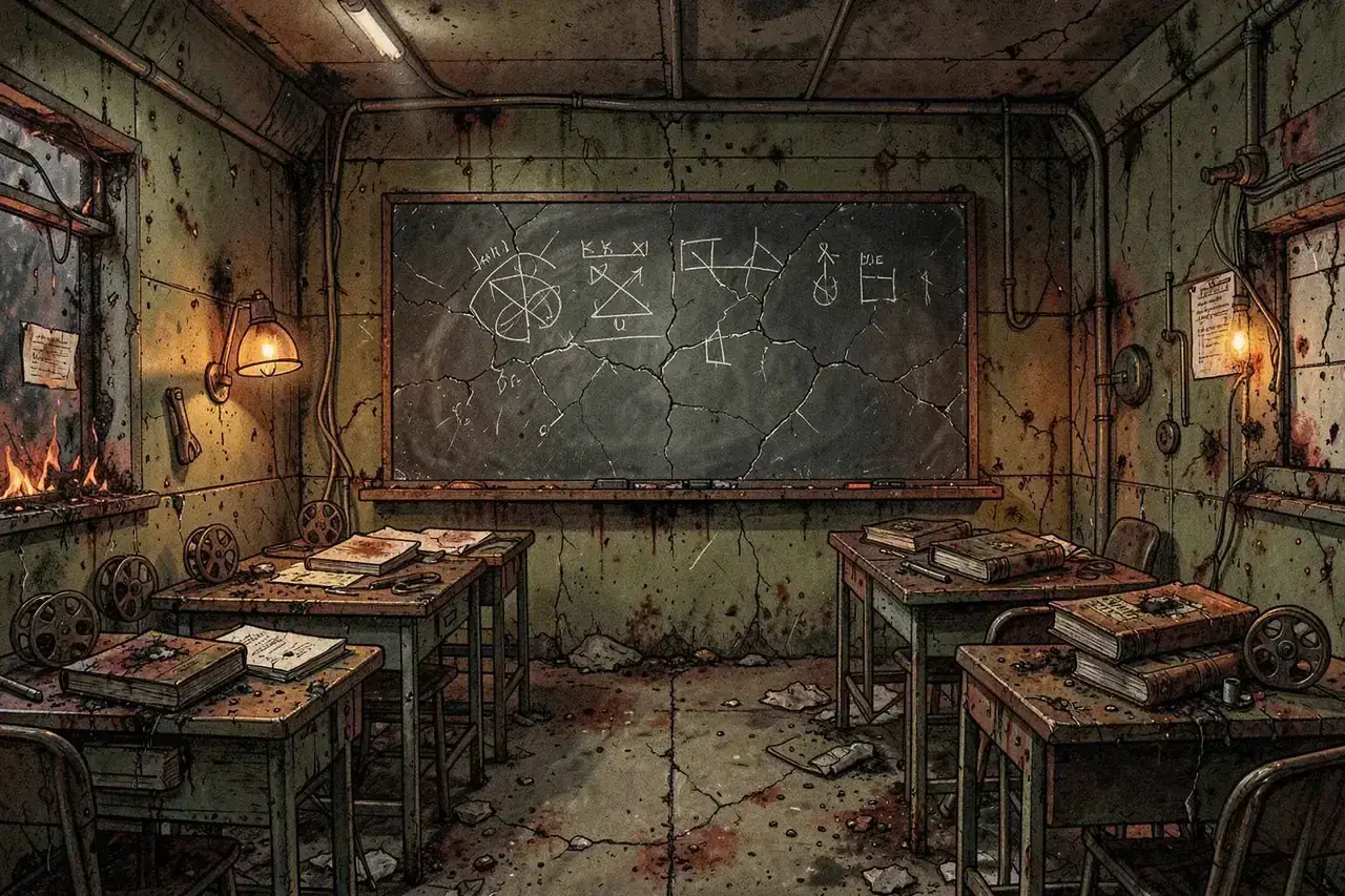 A post-war classroom built from scrap metal, with a chalkboard, film reels and projector