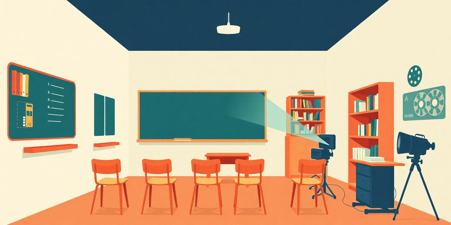 An illustrated classroom with a chalkboard, film reels and a projector