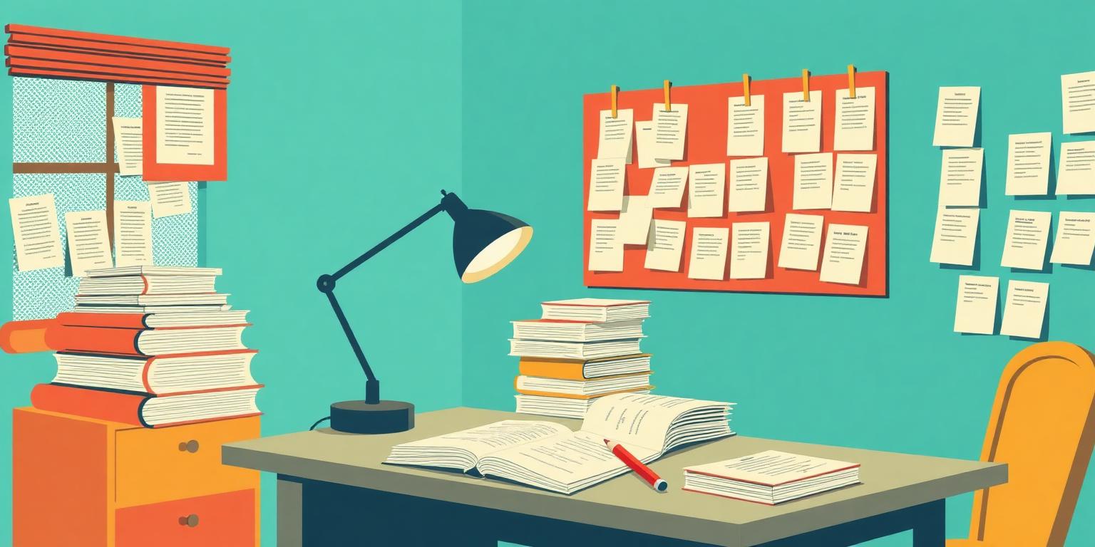 An illustrated reading desk with a screenplay, red pencil and a lamp
