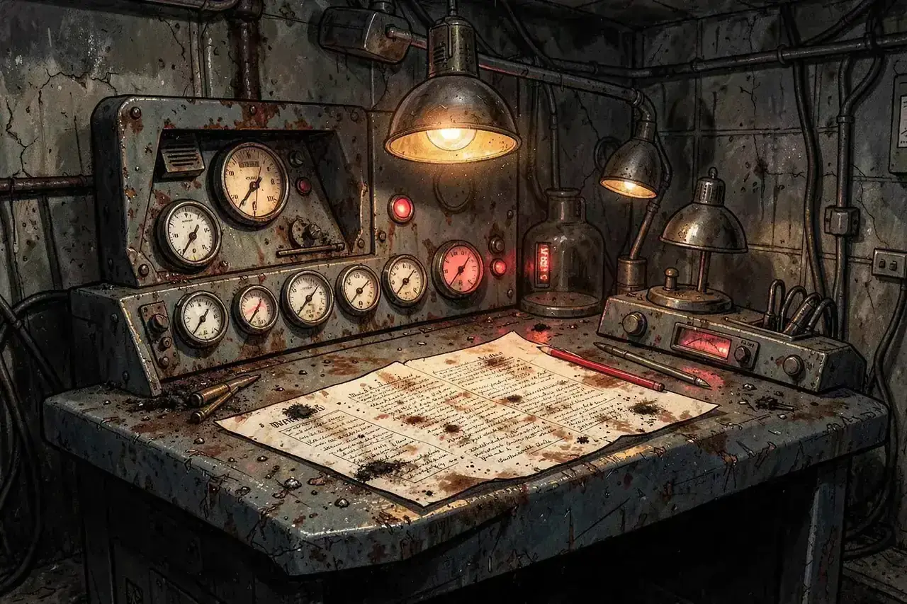 A scorched outpost reading desk with a screenplay, red pencil and amber lamp