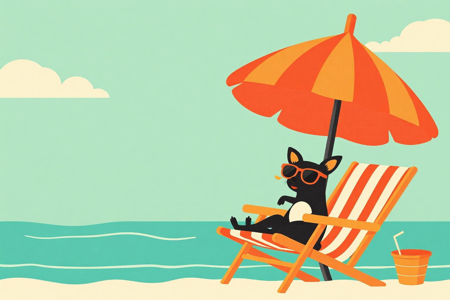 Don Chuy in sunglasses and a Hawaiian shirt, relaxing in a beach chair at sunset