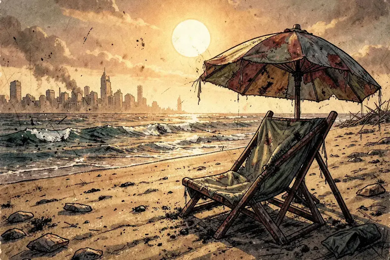 Don Chuy taking a rare break at a battered wasteland shore outpost