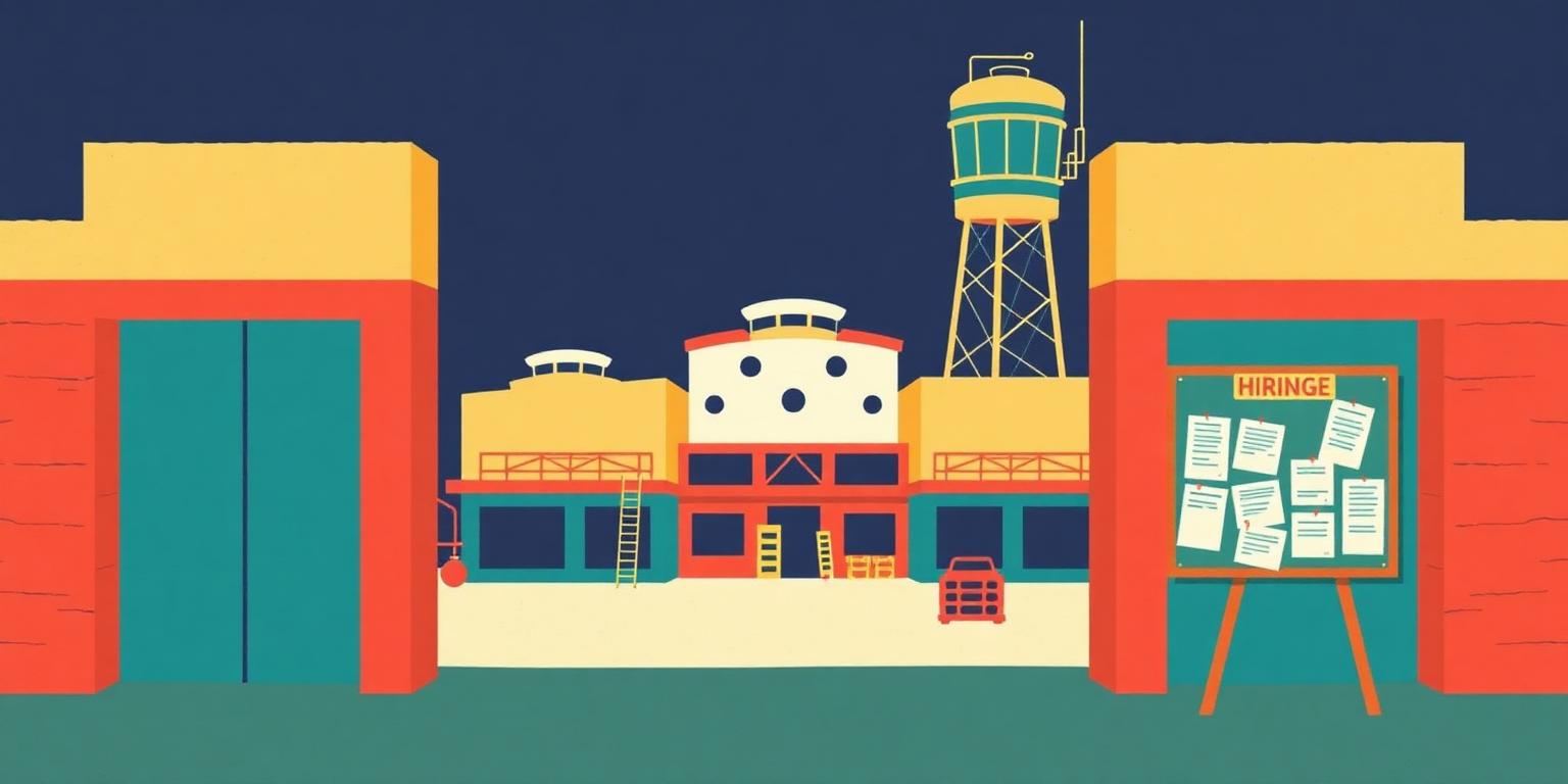 An illustrated studio backlot gate with sound stages, a water tower and a hiring notice board