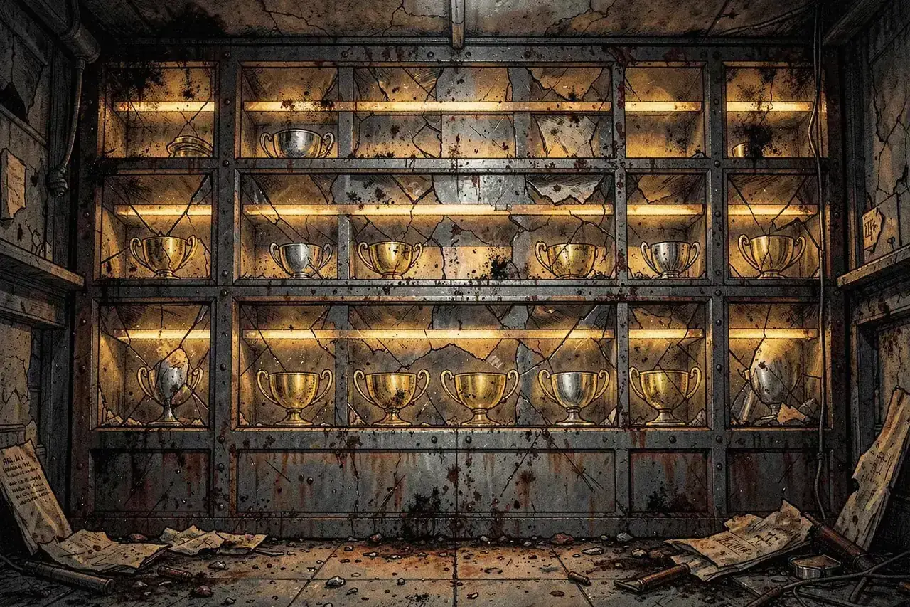 A fortified outpost hall displaying weathered screenplay scorecards