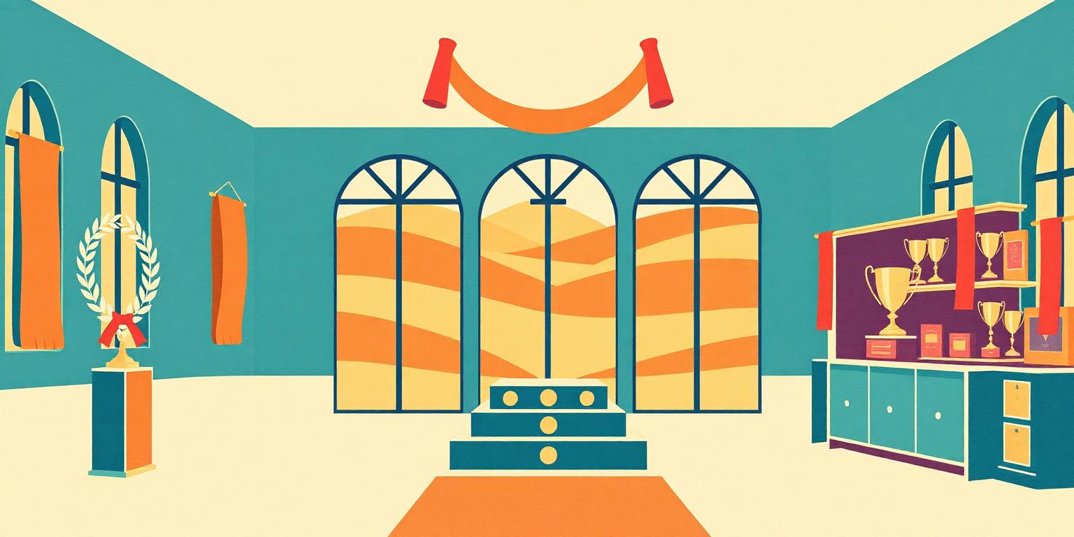 An illustrated award hall with laurel wreaths, banners and a shelf of trophies