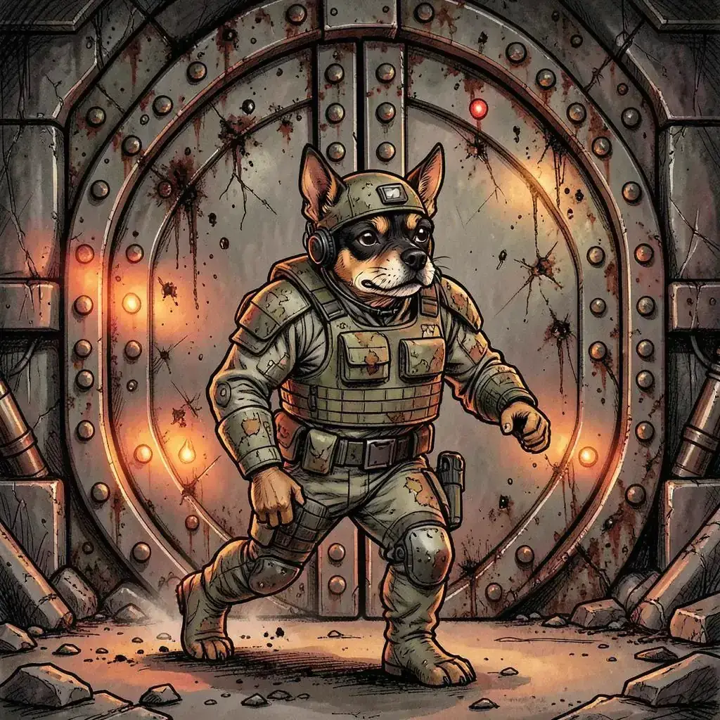 Don Rowdy patrolling in front of a vault door