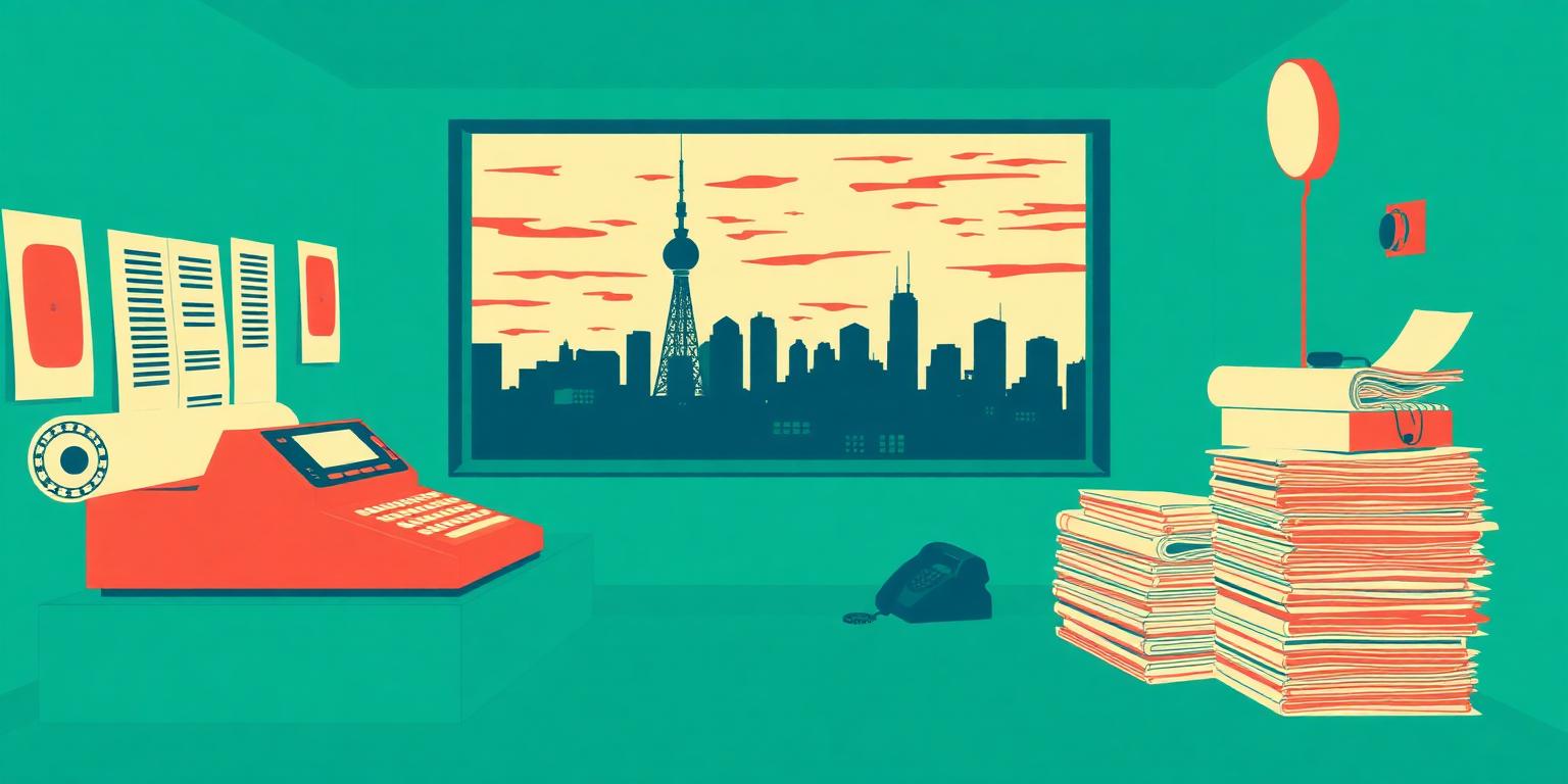 An illustrated newsroom with a teletype machine, stacked newspapers and a city skyline at dusk