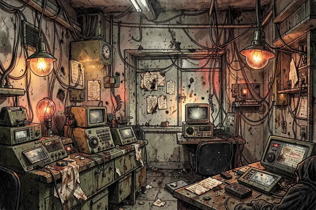 A fortified wasteland newsroom with a salvaged teletype, stacked newspapers and radio gear
